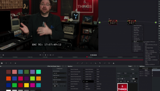 Common onset and post transcoding: Blackmagic Resolve, adding a timecode window burn, a watermark, and a LUT.
