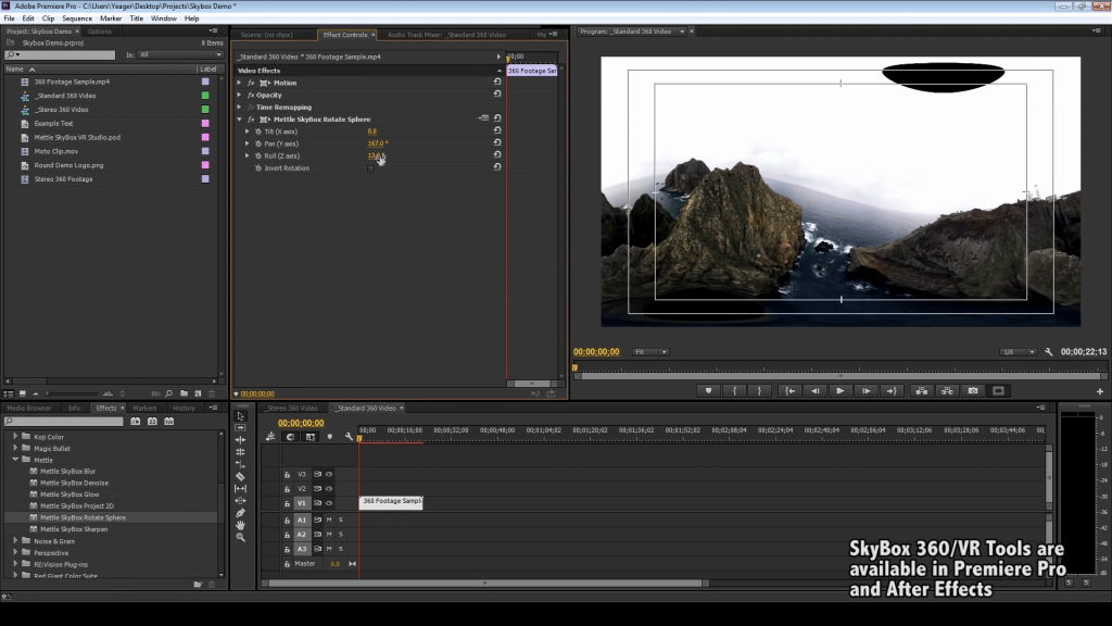 Skybox 360/VR Tools by Mettle, shown inside Adobe Premiere Pro.